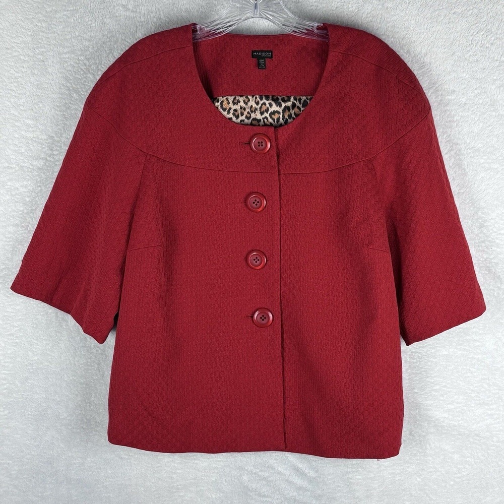 NWT MADISON WOMAN Red Button Up Coat Jacket With Cheetah Print‎ Lining S 18W
